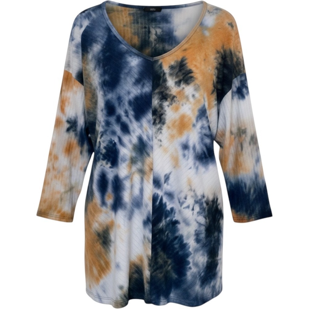 Bleeker & McDougal Women Tie Dye V-Neck Top Size 1X Blue Orange Button Detail